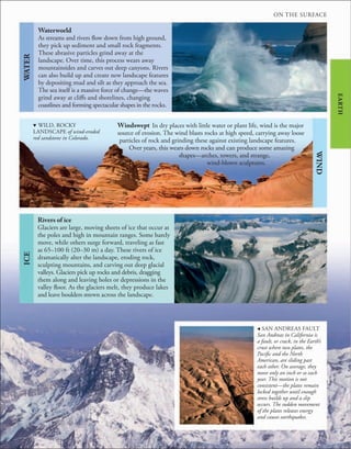 173
Windswept In dry places with little water or plant life, wind is the major
source of erosion. The wind blasts rocks at high speed, carrying away loose
particles of rock and grinding these against existing landscape features.
Over years, this wears down rocks and can produce some amazing
shapes—arches, towers, and strange,
wind-blown sculptures.
d WILD, ROCKY
LANDSCAPE of wind-eroded
red sandstone in Colorado.
EARTH
Waterworld
As streams and rivers flow down from high ground,
they pick up sediment and small rock fragments.
These abrasive particles grind away at the
landscape. Over time, this process wears away
mountainsides and carves out deep canyons. Rivers
can also build up and create new landscape features
by depositing mud and silt as they approach the sea.
The sea itself is a massive force of change—the waves
grind away at cliffs and shorelines, changing
coastlines and forming spectacular shapes in the rocks.
Rivers of ice
Glaciers are large, moving sheets of ice that occur at
the poles and high in mountain ranges. Some barely
move, while others surge forward, traveling as fast
as 65–100 ft (20–30 m) a day. These rivers of ice
dramatically alter the landscape, eroding rock,
sculpting mountains, and carving out deep glacial
valleys. Glaciers pick up rocks and debris, dragging
them along and leaving holes or depressions in the
valley floor. As the glaciers melt, they produce lakes
and leave boulders strewn across the landscape.
, SAN ANDREAS FAULT
San Andreas in California is
a fault, or crack, in the Earth’s
crust where two plates, the
Pacific and the North
American, are sliding past
each other. On average, they
move only an inch or so each
year. This motion is not
consistent—the plates remain
locked together until enough
stress builds up and a slip
occurs. The sudden movement
of the plates releases energy
and causes earthquakes.
WATER
WIND
ICE
ON THE SURFACE
 