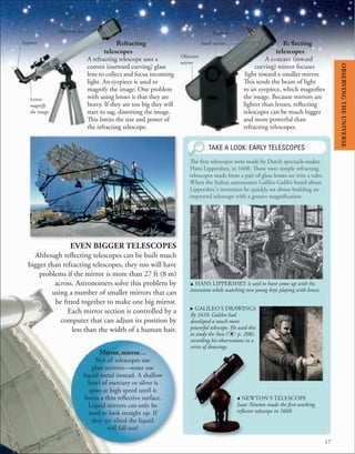 17
TAKE A LOOK: EARLY TELESCOPES
. GALILEO'S DRAWINGS
By 1610, Galileo had
developed a much more
powerful telescope. He used this
to study the Sun ( p. 208),
recording his observations in a
series of drawings.
, NEWTON'S TELESCOPE
Isaac Newton made the first working
reflector telescope in 1668.
The first telescopes were made by Dutch spectacle-maker
Hans Lippershey, in 1608. These were simple refracting
telescopes made from a pair of glass lenses set into a tube.
When the Italian astronomer Galileo Galilei heard about
Lippershey's invention he quickly set about building an
improved telescope with a greater magnification.
u HANS LIPPERSHEY is said to have come up with his
invention while watching two young boys playing with lenses.
Mirror, mirror…
Not all telescopes use
glass mirrors—some use
liquid metal instead. A shallow
bowl of mercury or silver is
spun at high speed until it
forms a thin reflective surface.
Liquid mirrors can only be
used to look straight up. If
they are tilted the liquid
will fall out!
EVEN BIGGER TELESCOPES
Although reflecting telescopes can be built much
bigger than refracting telescopes, they too will have
problems if the mirror is more than 27 ft (8 m)
across. Astronomers solve this problem by
using a number of smaller mirrors that can
be fitted together to make one big mirror.
Each mirror section is controlled by a
computer that can adjust its position by
less than the width of a human hair.
Refracting
telescopes
A refracting telescope uses a
convex (outward curving) glass
lens to collect and focus incoming
light. An eyepiece is used to
magnify the image. One problem
with using lenses is that they are
heavy. If they are too big they will
start to sag, distorting the image.
This limits the size and power of
the refracting telescope.
Reflecting
telescopes
A concave (inward
curving) mirror focuses
light toward a smaller mirror.
This sends the beam of light
to an eyepiece, which magnifies
the image. Because mirrors are
lighter than lenses, reflecting
telescopes can be much bigger
and more powerful than
refracting telescopes.
Lenses
magnify
the image
Eyepiece
Objective
mirror
Eyepiece
Objective lens
Small mirror
OBSERVING
THE
UNIVERSE
 