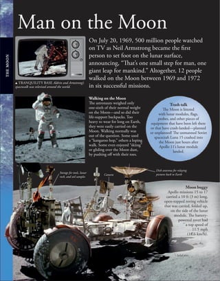 188
Man on the Moon
THE
MOON
On July 20, 1969, 500 million people watched
on TV as Neil Armstrong became the first
person to set foot on the lunar surface,
announcing, “That’s one small step for man, one
giant leap for mankind.” Altogether, 12 people
walked on the Moon between 1969 and 1972
in six successful missions.
u TRANQUILITY BASE Aldrin and Armstrong’s
spacewalk was televised around the world.
Walking on the Moon
The astronauts weighed only
one-sixth of their normal weight
on the Moon—and so did their
life-support backpacks. Too
heavy to wear for long on Earth,
they were easily carried on the
Moon. Walking normally was
out of the question. Some used
a “kangaroo hop,” others a loping
walk. Some even enjoyed “skiing”
or gliding over the Moon dust,
by pushing off with their toes.
Moon buggy
Apollo missions 15 to 17
carried a 10 ft (3 m) long,
open-topped roving vehicle
that was carried, folded up,
on the side of the lunar
module. The battery-
powered rover had
a top speed of
11.5 mph
(18.6 km/h).
Trash talk
The Moon is littered
with lunar modules, flags,
probes, and other pieces of
equipment that have been left there
or that have crash-landed—planned
or unplanned! The unmanned Soviet
spacecraft Luna 15 crashed into
the Moon just hours after
Apollo 11’s lunar module
landed.
Dish antenna for relaying
pictures back to Earth
Solid tires
Camera
Storage for tools, lunar
rock, and soil samples
 