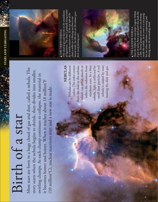 Birth
of
a
star
Most
stars
are
born
in
a
huge
cloud
of
gas
and
dust,
called
a
nebula.
The
story
starts
when
the
nebula
begins
to
shrink,
then
divides
into
smaller,
swirling
clumps.
As
each
clump
continues
to
collapse,
the
material
in
it
becomes
hotter
and
hotter.
When
it
reaches
about
18
million°F
(10
million°C),
nuclear
reactions
start
and
a
new
star
is
made.
STARS
AND
STARGAZING
NEBULAS
Nebulas
can
be
different
colors.
The
color
comes
from
the
dust
in
the
nebula,
which
can
either
absorb
or
reflect
the
radiation
from
newborn
stars.
In
a
blue
nebula,
light
is
ref
lected
by
small
dust
particles.
A
red
nebula
is
caused
by
stars
heating
the
dust
and
gas.
u
THE
TRIFID
NEBULA
This
cloud
of
gas
and
dust
lies
in
the
constellation
of
Sagittarius.
The
cloud
is
gradually
being
eroded
by
a
nearby
massive
star.
At
the
top
right
of
the
cloud
a
stellar
jet
is
blasting
out
from
a
star
buried
inside.
Jets
like
these
are
the
exhaust
gases
from
newly
forming
stars.
u
THE
LAGOON
NEBULA
Near
the
Trifid
is
the
even
larger
Lagoon
Nebula.
It
gets
its
name
from
a
dark
patch
that
looks
like
a
lake.
Several
groups
of
new
stars
are
forming
inside
this
nebula.
At
its
center
is
a
very
young,
hot
star
whose
radiation
is
evaporating
and
blowing
away
the
surrounding
clouds.
 