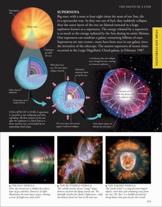 219
THE DEATH OF A STAR
u THE EGG NEBULA
Here, the central star is hidden by a dense
layer of gas and dust. However, its light
illuminates the outer layers of gas, creating
a series of bright arcs and circles.
u THE BUTTERFLY NEBULA
This nebula consists of two “wings” of gas,
thrown out from the dying central star. The
butterfly stretches for about 2 light-years—half
the distance from our Sun to the next star.
u THE ESKIMO NEBULA
The “parka hood” is a ring of comet-shaped
objects, with their tails streaming away from
the star. The “face” is a bubble of material
being blown into space by the star’s wind.
SUPERNOVA
Big stars, with a mass at least eight times the mass of our Sun, die
in a spectacular way. As they run out of fuel, they suddenly collapse,
then the outer layers of the star are blasted outward in a huge
explosion known as a supernova. The energy released by a supernova
is as much as the energy radiated by the Sun during its entire lifetime.
One supernova can outshine a galaxy containing billions of stars.
Supernovas are rare events—none have been seen in our galaxy since
the invention of the telescope. The nearest supernova of recent times
occurred in the Large Magellanic Cloud galaxy, in February 1987.
COLLAPSE OF A STAR A supernova
is caused by a star collapsing and then
exploding. All that remains of the star
after the explosion is a black hole or a
dense neutron star, surrounded by an
expanding cloud of gas.
Outer layers of gas are
blasted out into space.
A shockwave from the collapse
tears through the star, creating
an immense explosion.
A neutron star or
black hole forms from
the collapsed core.
Dense core
Hydrogen
gas fuels
the star.
Other heavy
elements
Innermost core
made of iron
When fuel runs
out, the outer layers
collapse inward.
Subatomic
neutrinos burst
out of the core.
The iron inner core cannot
support itself and collapses.
Supergiant
star
STARS
AND
STARGAZING
 