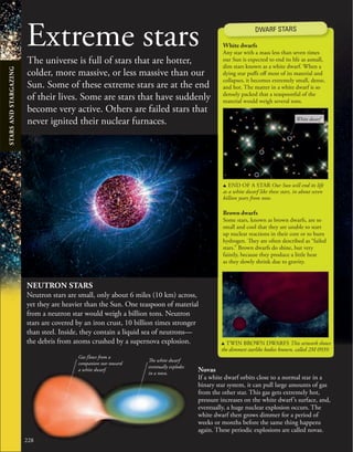 228
Extreme stars
The universe is full of stars that are hotter,
colder, more massive, or less massive than our
Sun. Some of these extreme stars are at the end
of their lives. Some are stars that have suddenly
become very active. Others are failed stars that
never ignited their nuclear furnaces.
White dwarfs
Any star with a mass less than seven times
our Sun is expected to end its life as asmall,
dim stars known as a white dwarf. When a
dying star puffs off most of its material and
collapses, it becomes extremely small, dense,
and hot. The matter in a white dwarf is so
densely packed that a teaspoonful of the
material would weigh several tons.
Novas
If a white dwarf orbits close to a normal star in a
binary star system, it can pull large amounts of gas
from the other star. This gas gets extremely hot,
pressure increases on the white dwarf’s surface, and,
eventually, a huge nuclear explosion occurs. The
white dwarf then grows dimmer for a period of
weeks or months before the same thing happens
again. These periodic explosions are called novas.
u END OF A STAR Our Sun will end its life
as a white dwarf like these stars, in about seven
billion years from now.
u TWIN BROWN DWARFS This artwork shows
the dimmest starlike bodies known, called 2M 0939.
NEUTRON STARS
Neutron stars are small, only about 6 miles (10 km) across,
yet they are heavier than the Sun. One teaspoon of material
from a neutron star would weigh a billion tons. Neutron
stars are covered by an iron crust, 10 billion times stronger
than steel. Inside, they contain a liquid sea of neutrons—
the debris from atoms crushed by a supernova explosion.
Brown dwarfs
Some stars, known as brown dwarfs, are so
small and cool that they are unable to start
up nuclear reactions in their core or to burn
hydrogen. They are often described as “failed
stars.” Brown dwarfs do shine, but very
faintly, because they produce a little heat
as they slowly shrink due to gravity.
DWARF STARS
The white dwarf
eventually explodes
in a nova.
Gas flows from a
companion star toward
a white dwarf.
White dwarf
STARS
AND
STARGAZING
 