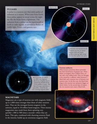 229
EXTREME STARS
MAGNETARS
Magnetars are a type of neutron star with magnetic fields
up to 1,000 times stronger than those of other neutron
stars. They are the strongest known magnets in the
universe, equal to 10 trillion hand magnets. Their intense
magnetism may result from them spinning very
quickly—300 to 500 times a second—when they are
born. This spin, combined with churning neutron fluid
in the interior, builds up an enormous magnetic field.
Extreme outbursts
Observatories sometimes detect powerful,
but short-lived bursts of gamma rays. These
flashes are brighter than a billion Suns, yet
last only a few milliseconds. They are thought
to be caused by a collision, either between a
black hole and a neutron star, or between two
neutron stars. In the first case, the black hole
drags in the neutron star and grows bigger, as
shown below. In the second type of impact,
the two neutron stars create a black hole.
PULSARS
A pulsar is a neutron star that emits pulses of
radiation as it rotates. When seen from Earth,
these pulses appear to sweep across the night
sky like the beam from a lighthouse. The
radiation from a pulsar can be experienced on
Earth as radio signals, or sometimes flashes of
visible light, X-rays, and gamma rays.
, STELLAR QUAKES
In 2004, one magnetar
flared up so brightly that it
temporarily blinded all the
X-ray satellites in space. The
blast of energy came from a
giant flare, created by the
star’s twisting magnetic field.
Magnetic field
Radiation
Neutron star
u PULSES OF RADIATION
A neutron star has an intense
magnetic field and rotates
rapidly, producing high-energy
electrons that radiate into space.
STARS
AND
STARGAZING
 
