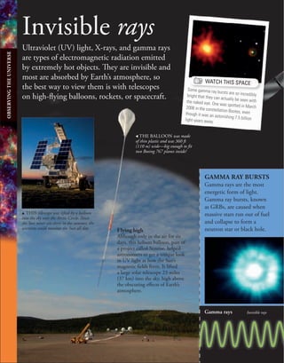 26
Invisible rays
Ultraviolet (UV) light, X-rays, and gamma rays
are types of electromagnetic radiation emitted
by extremely hot objects. They are invisible and
most are absorbed by Earth’s atmosphere, so
the best way to view them is with telescopes
on high-flying balloons, rockets, or spacecraft.
GAMMA RAY BURSTS
Gamma rays are the most
energetic form of light.
Gamma ray bursts, known
as GRBs, are caused when
massive stars run out of fuel
and collapse to form a
neutron star or black hole.
u THIS telescope was lifted by a balloon
into the sky over the Arctic Circle. Since
the Sun never sets there in the summer, the
scientists could monitor the Sun all day. Flying high
Although only in the air for six
days, this helium balloon, part of
a project called Sunrise, helped
astronomers to get a unique look
in UV light at how the Sun’s
magnetic fields form. It lifted
a large solar telescope 23 miles
(37 km) into the sky, high above
the obscuring effects of Earth’s
atmosphere.
WATCH THIS SPACE
Some gamma ray bursts are so incredibly
bright that they can actually be seen with
the naked eye. One was spotted in March
2008 in the constellation Bootes, even
though it was an astonishing 7.5 billion
light-years away.
, THE BALLOON was made
of thin plastic and was 360 ft
(110 m) wide—big enough to fit
two Boeing 767 planes inside!
Gamma rays Invisible rays
OBSERVING
THE
UNIVERSE
 