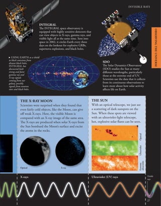 INVISIBLE RAYS
THE SUN
With an optical telescope, we just see
a scattering of dark sunspots on the
Sun. When these spots are viewed
with an ultraviolet-light telescope,
hot, explosive solar flares can be seen.
THE X-RAY MOON
Scientists were surprised when they found that
even fairly cold objects, like the Moon, can give
off weak X-rays. Here, the visible Moon is
compared with an X-ray image of the same area.
The X-rays are produced when solar X-rays from
the Sun bombard the Moon’s surface and excite
the atoms in the rocks.
Optical
Optical
Ultraviolet
Extreme
ultraviolet
X-ray
INTEGRAL
The INTEGRAL space observatory is
equipped with highly sensitive detectors that
can view objects in X-rays, gamma rays, and
visible light all at the same time. Sent into
space in 2002, it circles Earth every three
days on the lookout for explosive GRBs,
supernova explosions, and black holes.
SDO
The Solar Dynamics Observatory
(SDO) studies the Sun at many
different wavelengths, particularly
those at the extreme end of UV.
Scientists use the data that it collects
from its continuous observations to
learn more about how solar activity
affects life on Earth.
27
X-rays Ultraviolet (UV) rays Visible
rays
. USING EARTH as a shield
to block emissions from
distant black holes,
INTEGRAL has
discovered both
strong and faint
gamma ray and
X-ray signals
coming from our
galaxy, possibly
signals from neutron
stars and black holes.
OBSERVING
THE
UNIVERSE
 