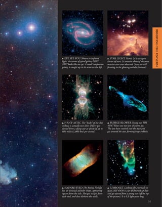 31
u STAR LIGHT Pismis 24 is an open
cluster of stars. It contains three of the most
massive stars ever observed. Stars are still
forming in the glowing nebula (bottom).
u EYE SEE YOU Shown in infrared
light, the center of spiral galaxy NGC
1097 looks like an eye. A small companion
galaxy is caught up in its arms on the left.
u BUBBLE BLOWER Young star HH
46/47 blows out two jets of warm gas.
The jets have crashed into the dust and
gas around the star, forming huge bubbles.
u F-ANT-ASTIC The “body” of the Ant
Nebula is actually two lobes of fiery gas
ejected from a dying star at speeds of up to
600 miles (1,000 km) per second.
u JUMBO JET Looking like a tornado in
space, HH 49/50 is a jet of churned up dust
and gas ejected from a young star (off the top
of the picture). It is 0.3 light-years long.
u SQUARE-EYED The Retina Nebula
has an unusual cylinder shape, appearing
square from the side. Hot gas escapes from
each end, and dust darkens the walls.
OBSERVING
THE
UNIVERSE
 