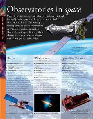 32
Observatories in space
Most of the high-energy particles and radiation emitted
from objects in space are filtered out by the blanket
of air around Earth. The moving
atmosphere also causes shimmering
or twinkling, making it hard to
obtain sharp images. To study these
objects it is much easier to observe
them from space observatories.
■ Named in honor of the famous US scientist,
astrophysicist Lyman Spitzer
■ What is it? Infrared telescope
■ Launched August 2003
■ Equipped with 33 in (85 cm) wide main mirror
and three supercooled science instruments.
■ Orbit Spitzer is in an unusual Earth-trailing orbit.
As time goes by, it gradually drifts farther away
from our planet. This allows uninterrupted viewing
of a large part of the sky.
This telescope takes images and
studies the infrared light coming from
some of the coolest objects in the
universe, including dust clouds
around stars where stars and planets
are forming, and dusty galaxies.
Spitzer Space Telescope
NASA
u Spitzer’s solar shield
protects it from the Sun’s heat
and Earth’s infrared radiation.
■ Named in honor of the Nobel Prize-winning
scientist Subrahmanyan Chandrasekhar
■ What is it? X-ray observatory
■ Launched July 1999
■ Equipped with four cylindrical mirrors nested
inside each other.
■ Orbit Circles Earth every 65 hours in an elliptical
orbit 6,200–86,500 miles (10,000–139,000 km) high.
Chandra can detect X-rays from
hot regions of the universe, such as
exploded stars, galaxy clusters, and
the edges of black holes. It can even
observe X-rays from particles just
before they fall into a black hole.
The first X-ray emission it saw was
from the supermassive black hole at
the center of the Milky Way.
Chandra
NASA
u Chandra flies 200 times higher than Hubble.
■ Named in honor of the famous 17th-century
scientist Sir Isaac Newton. XMM stands for X-ray
Multi-Mirror.
■ What is it? X-ray observatory
■ Launched December 1999
■ Equipped with three X-ray telescopes, each
containing 58 concentric mirrors that are nested
inside each other.
■ Orbit Circles Earth every 48 hours in an
elliptical orbit between 4,350 miles (7,000 km)
and 70,800 miles (114,000 km) high.
Since X-rays pass through ordinary
mirrors, X-ray telescopes are equipped
with curved mirrors fitted inside each
other. The X-rays glance off these
mirrors and reach the detectors.
XMM-Newton
European Space Agency—ESA
u Starburst galaxy M82, the Cigar Galaxy.
XMM-Newton can pick up
faint X-rays that Chandra
can not detect.
OBSERVING
THE
UNIVERSE
 