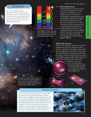 WHAT IS THE UNIVERSE?
39
Measuring distances
Measuring distances in the universe
is tricky. Many galaxies are so far
away, the only thing we can use
is light. Because the universe is
expanding and stretching space, the
wavelengths of light from an object
also become stretched. Any dark
lines in its spectrum move toward
the red end, which astronomers call
a “redshift.” By measuring the size
of this redshift, astronomers can
calculate the distances of the galaxies
and how fast they are moving away
from us. The oldest and fastest-
moving galaxies are those with the
biggest redshifts.
Is our universe alone or are there other universes that
we cannot see? No one knows, but some scientists
believe that there might be many other universes. This
structure may resemble an enormous bubbly foam in
which some universes have not yet inflated. Some may
have different physical laws and dimensions from ours.
In theory, it may even be possible to connect one
universe to another through a spinning black hole.
However, no other universes can affect anything in our
universe, so it is impossible to prove that they exist.
Shape of the universe
Since we live inside the universe it is hard to
imagine that space has a shape. Scientists,
however, think that it does have a shape and
that this depends on the density of its matter.
If it is greater than a critical amount then the
universe is said to be closed. If it is less, then it
is described as open (saddle-shaped). However,
spacecraft observations have shown that
the universe is very close
to the critical density, so
scientists describe it as flat.
A completely flat universe
has no edge and will go on
expanding forever.
u AS OBJECTS move away from
us their light spectrum changes. By
measuring the change we can work
out how fast they are moving.
, ALL the stars, dust, and gas we can
see in the sky make up only a small part
of the universe. Most of the universe is
made of mysterious, invisible dark matter
and dark energy ( p. 62–63).
MULTIPLE UNIVERSES?
TELL ME MORE...
We can see and measure three
dimensions of space—height, width,
and depth. Time is a fourth dimension.
Scientists believe the universe may have
at least six other, hidden, dimensions.
These are all curled up on each other
and are infinitely tiny.
Earth
Open
Closed
Flat
Star
THE
VIOLENT
UNIVERSE
 