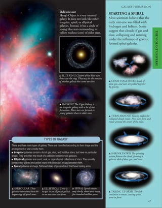 , SMOKIN’! The Cigar Galaxy is
an irregular galaxy with a lot of star
formation. More stars are formed in
young galaxies than in older ones.
u BLUE RING Clusters of hot blue stars
dominate the ring. They may be the remains
of another galaxy that came too close.
u IRREGULAR These
galaxies sometimes have the
beginnings of spiral arms.
u ELLIPTICAL There is
no gas in an elliptical galaxy
so no new stars can form.
u SPIRAL Spirals rotate
very slowly, about once every
few hundred million years.
TYPES OF GALAXY
There are three main types of galaxy. These are classiﬁed according to their shape and the
arrangement of stars inside them.
■ Irregular galaxies contain a lot of gas, dust, and hot blue stars, but have no particular
shape. They are often the result of a collision between two galaxies.
■ Elliptical galaxies are round, oval, or cigar-shaped collections of stars. They usually
contain very old red and yellow stars with little dust or gas between them.
■ Spiral galaxies are huge, ﬂattened disks of gas and dust that have trailing arms.
Odd one out
Hoag’s Object is a very unusual
galaxy. It does not look like other
irregular, spiral, or elliptical
galaxies. Instead, it has a circle of
young blue stars surrounding its
yellow nucleus (core) of older stars.
GALAXY FORMATION
47
STARTING A SPIRAL
Most scientists believe that the
early universe was filled with
hydrogen and helium. Some
suggest that clouds of gas and
dust, collapsing and rotating
under the influence of gravity,
formed spiral galaxies.
u COME TOGETHER Clouds of
dust, gas, and stars are pulled together
by gravity.
u TURN AROUND Gravity makes the
collapsed clouds rotate. New stars form and
rotate around the center of the mass.
u SHRINK DOWN The spinning
action flattens the cloud, forming a
galactic disk of dust, gas, and stars.
u TAKING UP ARMS The disk
continues to rotate, causing spiral
arms to form.
THE
VIOLENT
UNIVERSE
 