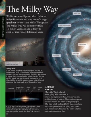 50
The Milky Way
We live on a small planet that circles an
insignificant star in a tiny part of a huge,
spiral star system—the Milky Way galaxy.
The Milky Way was born more than
10 billion years ago and is likely to
exist for many more billions of years.
A SPIRAL
GALAXY
The Milky Way is a barred
spiral galaxy, which means it is
shaped like a giant pinwheel, with curved arms
trailing behind as it turns. The stars in our galaxy
all move around the center as the galaxy spins.
Our Sun, which is about 28,000 light-years from
the center, goes around the galaxy once every
220 million years. Stars near the center take less
time to orbit than the Sun.
Seeing stars
If you live far away from bright city lights, you may be
lucky enough to see a faint band of light that crosses the
night sky. Ancient observers called it the Milky Way because
it looked like a stream of spilled milk in the sky. They had
no idea what it was, but the puzzle was solved in 1610
when Galileo turned his telescope on the Milky Way and
discovered that it was made up of thousands of stars.
Norma arm
The laser points to the exact
center of the Milky Way.
u HOW BIG IS OUR GALAXY? The Milky Way is about
100,000 light-years across but only 2,000 light-years thick
toward its outer edge. Most of the Milky Way’s mass seems to
come from mysterious, invisible dark matter ( p. 62–63).
Solar system
Central
bulge
Dark
halo
Globular cluster
of millions of stars
Galactic
disk
Crux-Scutum arm
Perseus arm
Orion arm
Our Sun
Galactic bar
Galactic center
Carina-Sagittarius arm
THE
VIOLENT
UNIVERSE
 