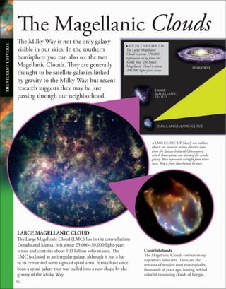 52
The Magellanic Clouds
The Milky Way is not the only galaxy
visible in our skies. In the southern
hemisphere you can also see the two
Magellanic Clouds. They are generally
thought to be satellite galaxies linked
by gravity to the Milky Way, but recent
research suggests they may be just
passing through our neighborhood.
LARGE MAGELLANIC CLOUD
The Large Magellanic Cloud (LMC) lies in the constellations
Dorado and Mensa. It is about 25,000–30,000 light-years
across and contains about 100 billion solar masses. The
LMC is classed as an irregular galaxy, although it has a bar
in its center and some signs of spiral arms. It may have once
been a spiral galaxy that was pulled into a new shape by the
gravity of the Milky Way.
. UP IN THE CLOUDS
The Large Magellanic
Cloud is about 170,000
light-years away from the
Milky Way. The Small
Magellanic Cloud is about
200,000 light-years away.
, LMC CLOSE-UP Nearly one million
objects are revealed in this detailed view
from the Spitzer Infrared Observatory,
which shows about one-third of the whole
galaxy. Blue represents starlight from older
stars. Red is from dust heated by stars.
Colorful clouds
The Magellanic Clouds contain many
supernova remnants. These are the
remains of massive stars that exploded
thousands of years ago, leaving behind
colorful expanding clouds of hot gas.
MILKY WAY
LARGE
MAGELLANIC
CLOUD
SMALL MAGELLANIC CLOUD
THE
VIOLENT
UNIVERSE
 