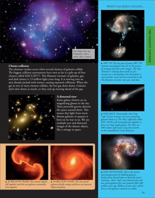 WHEN GALAXIES COLLIDE...
59
u THE MICE Named after their long
“tails” of stars and gas, the two interacting
galaxies known as The Mice (officially called
NGC 4676) will eventually join together to
form one huge single galaxy. The Mice are
300 million light-years away from Earth,
in the constellation Coma Berenices.
u ARP 194 The top part of group ARP 194
contains two galaxies that are in the process
of merging (top left in the image). The blue
“fountain” running down looks as if it
connects to a third galaxy, but this galaxy is
much farther away and not connected at all.
The fountain contains stars, gas, and dust.
Cluster collision
The ultimate crashes occur when several clusters of galaxies collide.
The biggest collision astronomers have seen so far is a pile-up of four
clusters called MACS J0717. This filament (stream) of galaxies, gas,
and dark matter is 13 million light-years long. It is moving into an
area already packed with matter, causing repeated collisions. When the
gas in two or more clusters collides, the hot gas slows down. Galaxies
don’t slow down as much, so they end up moving ahead of the gas.
u THE ANTENNAE This is the nearest
and youngest pair of colliding galaxies.
Early photos showed them to look like insect
antennae. These “tails” were formed when the
two spiral galaxies first met around 200–300
million years ago. Billions of new stars will be
born as the galaxies continue to collide.
A distorted view
Some galaxy clusters act as
magnifying glasses in the sky.
Their powerful gravity distorts
the space around them. This
means that light from more
distant galaxies or quasars is
bent on its way to us. We see
multiple arcs and distorted
images of the distant object,
like a mirage in space.
u 26 BILLION YEARS The central regions
fall together and the two galaxies eventually
join together.
u 30 BILLION YEARS The two spiral
galaxies finally merge and form one massive,
elliptical galaxy.
This image shows gas
temperature. Red is
coolest, blue is hottest.
THE
VIOLENT
UNIVERSE
 