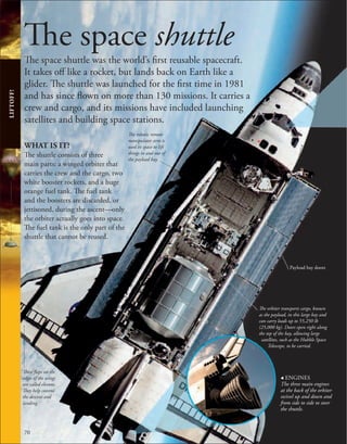 70
The space shuttle
The space shuttle was the world’s first reusable spacecraft.
It takes off like a rocket, but lands back on Earth like a
glider. The shuttle was launched for the first time in 1981
and has since flown on more than 130 missions. It carries a
crew and cargo, and its missions have included launching
satellites and building space stations.
WHAT IS IT?
The shuttle consists of three
main parts: a winged orbiter that
carries the crew and the cargo, two
white booster rockets, and a huge
orange fuel tank. The fuel tank
and the boosters are discarded, or
jettisoned, during the ascent—only
the orbiter actually goes into space.
The fuel tank is the only part of the
shuttle that cannot be reused.
The orbiter transports cargo, known
as the payload, in this large bay and
can carry loads up to 55,250 lb
(25,000 kg). Doors open right along
the top of the bay, allowing large
satellites, such as the Hubble Space
Telescope, to be carried.
These flaps on the
edges of the wings
are called elevons.
They help control
the descent and
landing.
The robotic remote
manipulator arm is
used in space to lift
things in and out of
the payload bay.
, ENGINES
The three main engines
at the back of the orbiter
swivel up and down and
from side to side to steer
the shuttle.
LIFTOFF!
Payload bay doors
 