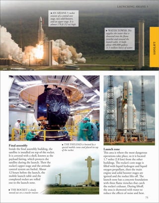 LAUNCHING ARIANE 5
75
LIFTOFF!
Final assembly
Inside the final assembly building, the
satellite is installed on top of the rocket.
It is covered with a shell, known as the
payload fairing, which protects the
satellite during the launch. Then the
rocket’s upper stage and the attitude
control system are fueled. About
12 hours before the launch, the
mobile launch table and the
completed rocket are rolled
out to the launch zone.
u THE PAYLOAD is hoisted by a
special mobile crane and placed on top
of the rocket.
, AN ARIANE 5 rocket
consists of a central core
stage, two solid boosters,
and an upper stage. It is
almost 170 ft (52 m) high.
. WATER TOWER This
supplies the water that is
showered into the flame
trenches and around the
launch table. It holds
about 400,000 gallons
(1.5 million liters) of water.
Launch zone
This area is where the most dangerous
operations take place, so it is located
1.7 miles (2.8 km) from the other
buildings. The rocket’s core stage is
filled with liquid hydrogen and liquid
oxygen propellant, then the main
engine and solid booster stages are
ignited and the rocket lifts off. The
launch zone has a concrete foundation
with three flame trenches that catch
the rocket’s exhaust. During liftoff,
the area is showered with water to
reduce the effects of noise and heat.
. THE ROCKET is slowly
moved out on a crawler tractor.
 