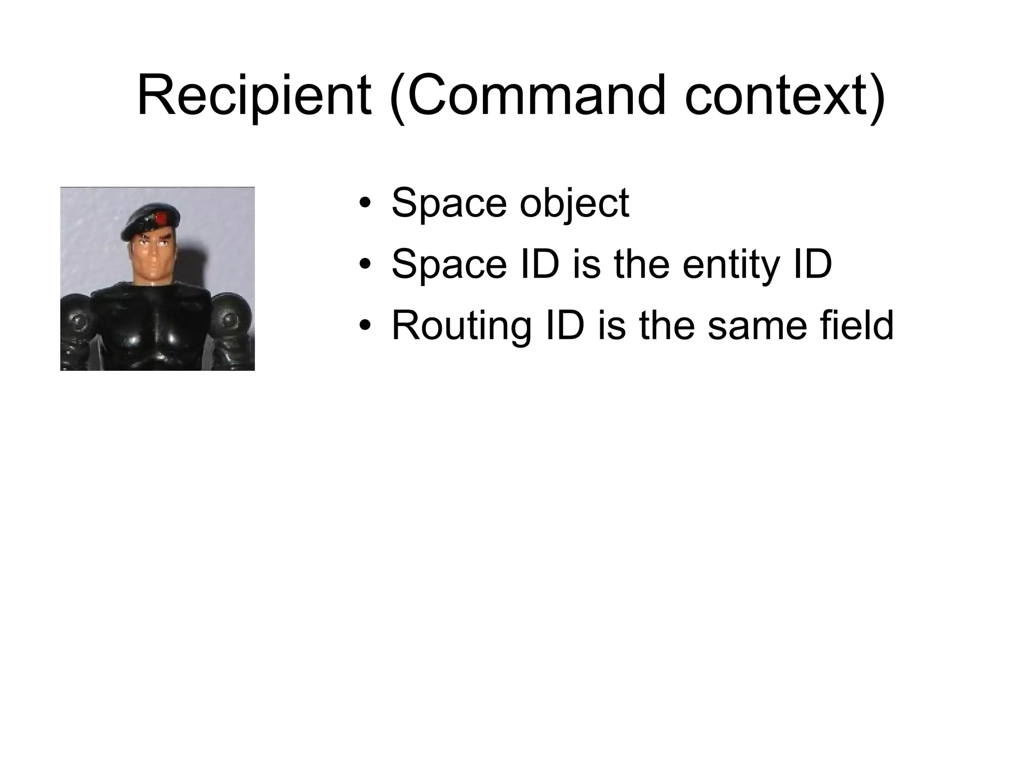 Recipient (Command context)‏ Space object Space ID is the entity ID Routing ID is the same field 