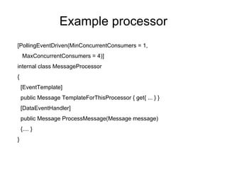 Example processor [PollingEventDriven(MinConcurrentConsumers = 1,  MaxConcurrentConsumers = 4)] internal class MessageProcessor { [EventTemplate] public Message TemplateForThisProcessor { get{ ... } } [DataEventHandler] public Message ProcessMessage(Message message) {.... } } 