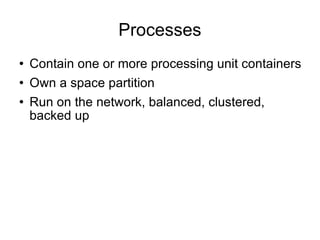 Processes Contain one or more processing unit containers Own a space partition Run on the network, balanced, clustered, backed up 