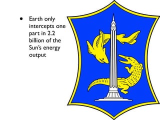 •   Earth only
    intercepts one
    part in 2.2
    billion of the
    Sun’s energy
    output
 