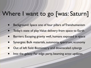 Where I want to go [was: Saturn]
  •   Background: Space one of four pillars of Transhumanism

  •   Today’s state of play...