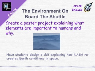Science
SPACE
BASICS
The Environment On
Board The Shuttle
Create a poster project explaining what
elements are important to humans and
why.
Have students design a skit explaining how NASA re-
creates Earth conditions in space.
 
