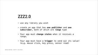 ZZZ2.0
•

use any library you wish
!

•

create an app that has one publisher and one
subscriber, both of which are range type 

•

Your app must change states when it receives a
range.  

•

Your app must have a trigger to send out its value!
(e.g. mouse click, key press, sensor read)

Spacebrew Workshop - NYU ITP - Brett Renfer

 