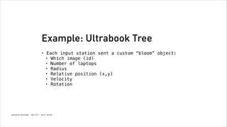 Example: Ultrabook Tree
•

Each input station sent a custom “bloom” object:
• Which image (id)
• Number of laptops
• Radius
• Relative position (x,y)
• Velocity
• Rotation

Spacebrew Workshop - NYU ITP - Brett Renfer

 
