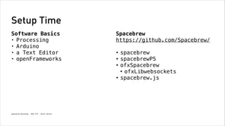 Setup Time
Software Basics
• Processing
• Arduino
• a Text Editor
• openFrameworks

Spacebrew 
https://github.com/Spacebrew/ 
•
•
•
•

Spacebrew Workshop - NYU ITP - Brett Renfer

spacebrew
spacebrewP5
ofxSpacebrew
• ofxLibwebsockets
spacebrew.js

 