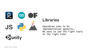 Spacebrew at SFPC - Brett Renfer 
Libraries 
Spacebrew aims to be 
implementation agnostic. 
We want to use the right tools 
at the right time! 
JS 
 