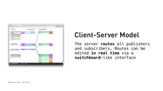 Spacebrew at SFPC - Brett Renfer 
Client-Server Model 
The server routes all publishers 
and subscribers. Routes can be 
edited in real time via a 
switchboard-like interface 
 