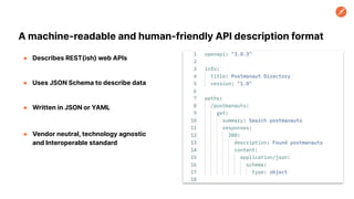 A machine-readable and human-friendly API description format
● Describes REST(ish) web APIs
● Uses JSON Schema to describe data
● Written in JSON or YAML
● Vendor neutral, technology agnostic
and Interoperable standard
 