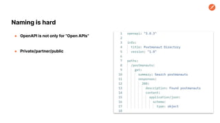 Naming is hard
● OpenAPI is not only for “Open APIs”
● Private/partner/public
 