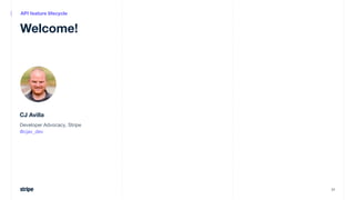 Developer Advocacy, Stripe
@cjav_dev
34
API feature lifecycle
CJ Avilla
Welcome!
 