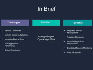 In Brief
• Network Downtimes
• Visibility across Multiple Sites
• Managing Multiple Tools
• Poor Application
Performance
• Budget Constraints
Challenges Solution Benefits
ManageEngine
OpManager Plus
• Integrated Network
Management
• Proactive Monitoring
• Improved Application
Performance
• Distributed Network Monitoring
• Easy Deployment
 