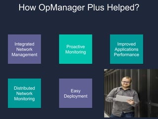How OpManager Plus Helped?
Integrated
Network
Management
Proactive
Monitoring
Distributed
Network
Monitoring
Easy
Deployment
Improved
Applications
Performance
 