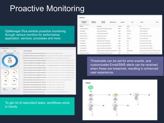 Proactive Monitoring
Thresholds can be set for error events, and
customizable Email/SMS alerts can be received
when these are breached, resulting in enhanced
user experience.
To get rid of redundant tasks, workflows come
in handy.
OpManager Plus exhibits proactive monitoring
through various monitors for performance,
application, services, processes and more.
 