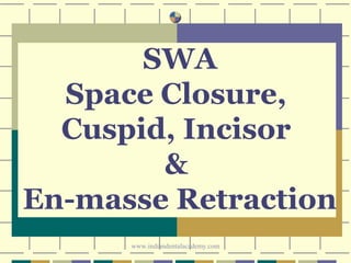 SWA
Space Closure,
Cuspid, Incisor
&
En-masse Retraction
www.indiandentalacademy.com
 