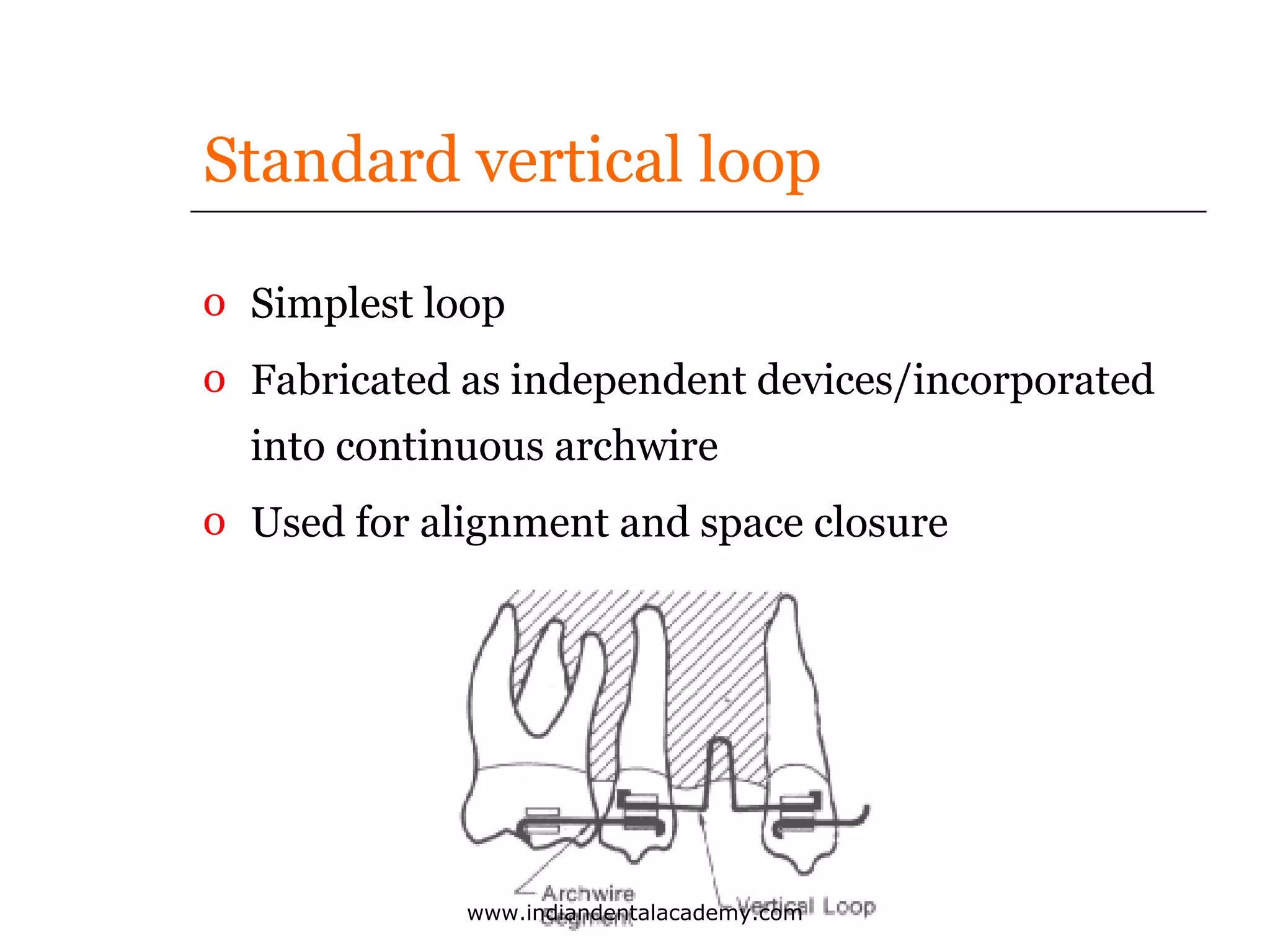 Standard vertical loop
o Simplest loop
o Fabricated as independent devices/incorporated
into continuous archwire
o Used for alignment and space closure

www.indiandentalacademy.com

 