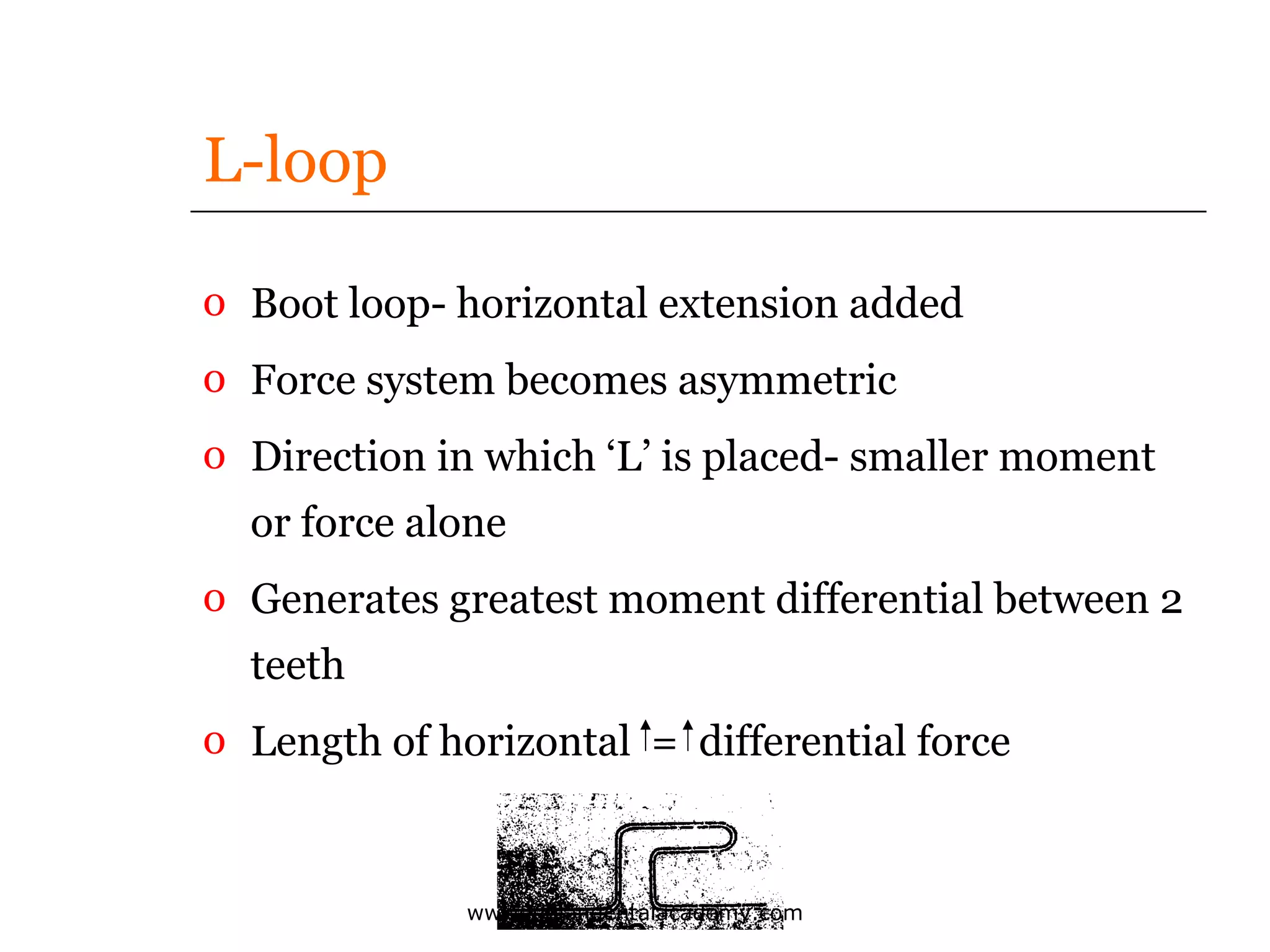 L-loop
o Boot loop- horizontal extension added
o Force system becomes asymmetric
o Direction in which ‘L’ is placed- smaller moment
or force alone
o Generates greatest moment differential between 2
teeth
o Length of horizontal = differential force

www.indiandentalacademy.com

 