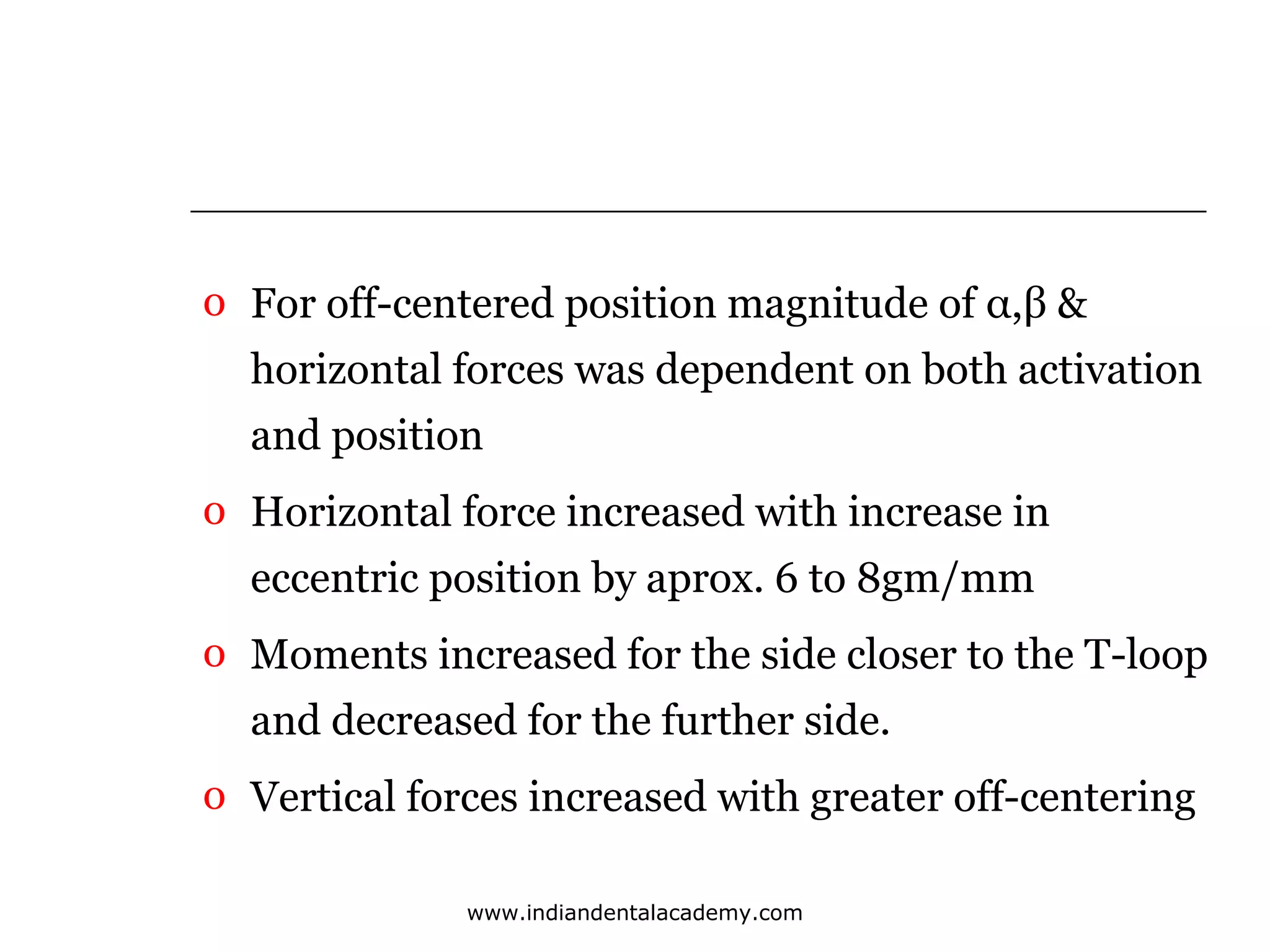 o For off-centered position magnitude of α,β &
horizontal forces was dependent on both activation
and position
o Horizontal force increased with increase in
eccentric position by aprox. 6 to 8gm/mm
o Moments increased for the side closer to the T-loop
and decreased for the further side.
o Vertical forces increased with greater off-centering
www.indiandentalacademy.com

 