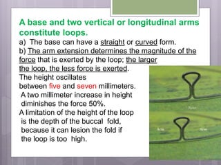 A base and two vertical or longitudinal arms
constitute loops.
a) The base can have a straight or curved form.
b) The arm extension determines the magnitude of the
force that is exerted by the loop; the larger
the loop, the less force is exerted.
The height oscillates
between five and seven millimeters.
A two millimeter increase in height
diminishes the force 50%.
A limitation of the height of the loop
is the depth of the buccal fold,
because it can lesion the fold if
the loop is too high.
 