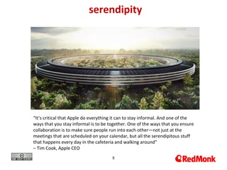 8
serendipity
“It’s critical that Apple do everything it can to stay informal. And one of the
ways that you stay informal is to be together. One of the ways that you ensure
collaboration is to make sure people run into each other—not just at the
meetings that are scheduled on your calendar, but all the serendipitous stuff
that happens every day in the cafeteria and walking around”
– Tim Cook, Apple CEO
 