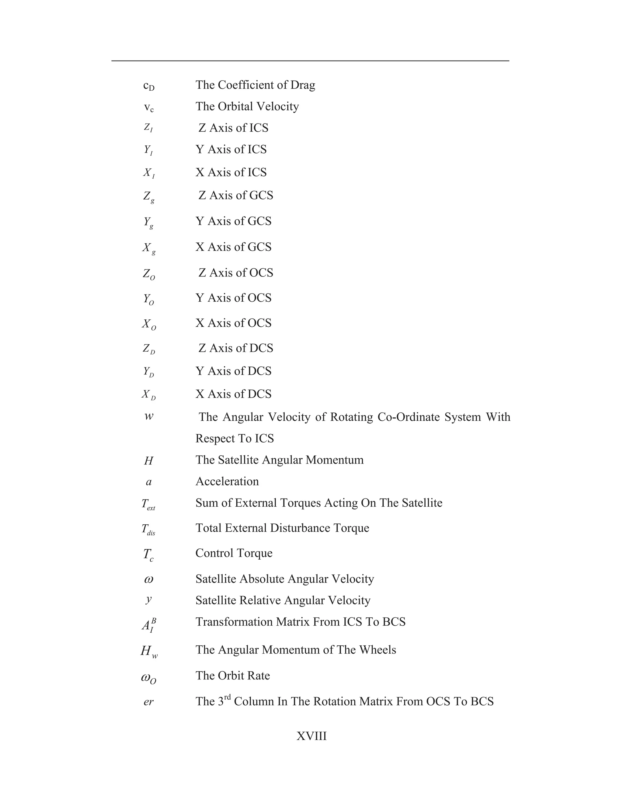 XVIII
cD The Coefficient of Drag
vc The Orbital Velocity
IZ Z Axis of ICS
IY Y Axis of ICS
IX X Axis of ICS
gZ Z Axis of GCS
gY Y Axis of GCS
gX X Axis of GCS
OZ Z Axis of OCS
OY Y Axis of OCS
OX X Axis of OCS
DZ Z Axis of DCS
DY Y Axis of DCS
DX X Axis of DCS
w The Angular Velocity of Rotating Co-Ordinate System With
Respect To ICS
H The Satellite Angular Momentum
a Acceleration
extT Sum of External Torques Acting On The Satellite
disT Total External Disturbance Torque
cT Control Torque
Satellite Absolute Angular Velocity
y Satellite Relative Angular Velocity
B
IA Transformation Matrix From ICS To BCS
wH The Angular Momentum of The Wheels
O
The Orbit Rate
er The 3rd
Column In The Rotation Matrix From OCS To BCS
 