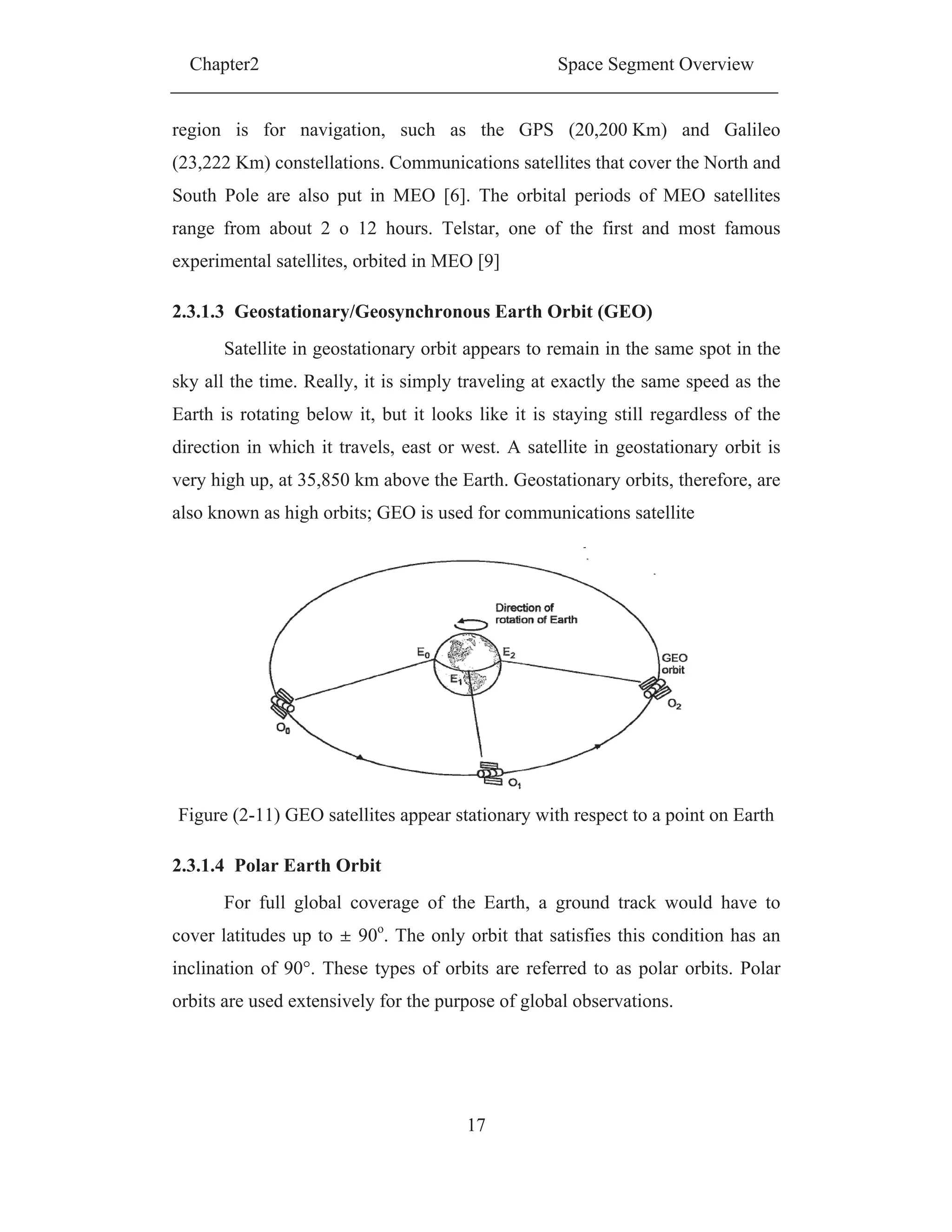 Chapter2 Space Segment Overview
17
region is for navigation, such as the GPS (20,200 Km) and Galileo
(23,222 Km) constellations. Communications satellites that cover the North and
South Pole are also put in MEO [6]. The orbital periods of MEO satellites
range from about 2 o 12 hours. Telstar, one of the first and most famous
experimental satellites, orbited in MEO [9]
2.3.1.3 Geostationary/Geosynchronous Earth Orbit (GEO)
Satellite in geostationary orbit appears to remain in the same spot in the
sky all the time. Really, it is simply traveling at exactly the same speed as the
Earth is rotating below it, but it looks like it is staying still regardless of the
direction in which it travels, east or west. A satellite in geostationary orbit is
very high up, at 35,850 km above the Earth. Geostationary orbits, therefore, are
also known as high orbits; GEO is used for communications satellite
Figure (2-11) GEO satellites appear stationary with respect to a point on Earth
2.3.1.4 Polar Earth Orbit
For full global coverage of the Earth, a ground track would have to
cover latitudes up to 90o
. The only orbit that satisfies this condition has an
inclination of 90°. These types of orbits are referred to as polar orbits. Polar
orbits are used extensively for the purpose of global observations.
 