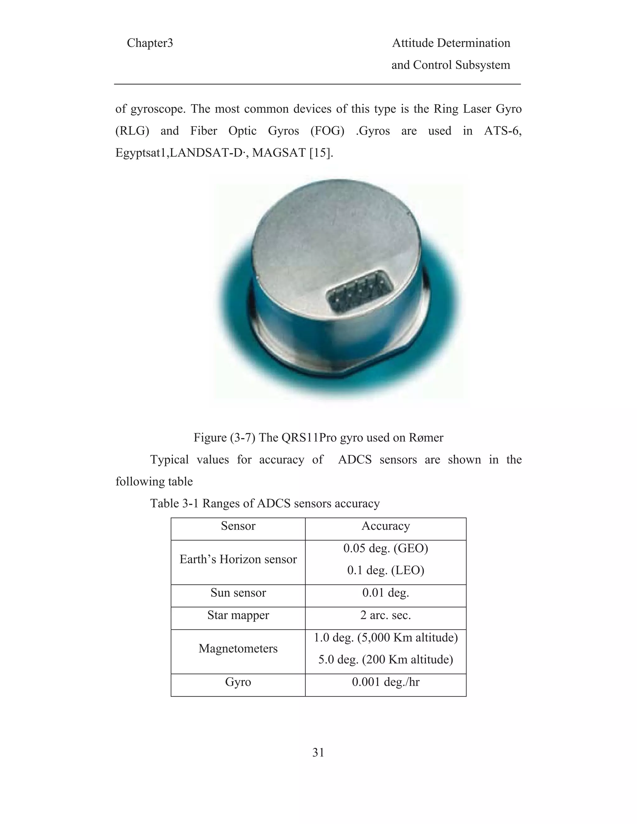 Chapter3 Attitude Determination
and Control Subsystem
31
of gyroscope. The most common devices of this type is the Ring Laser Gyro
(RLG) and Fiber Optic Gyros (FOG) .Gyros are used in ATS-6,
Egyptsat1,LANDSAT-D·, MAGSAT [15].
Figure (3-7) The QRS11Pro gyro used on Rømer
Typical values for accuracy of ADCS sensors are shown in the
following table
Table 3-1 Ranges of ADCS sensors accuracy
Sensor Accuracy
Earth’s Horizon sensor
0.05 deg. (GEO)
0.1 deg. (LEO)
Sun sensor 0.01 deg.
Star mapper 2 arc. sec.
Magnetometers
1.0 deg. (5,000 Km altitude)
5.0 deg. (200 Km altitude)
Gyro 0.001 deg./hr
 