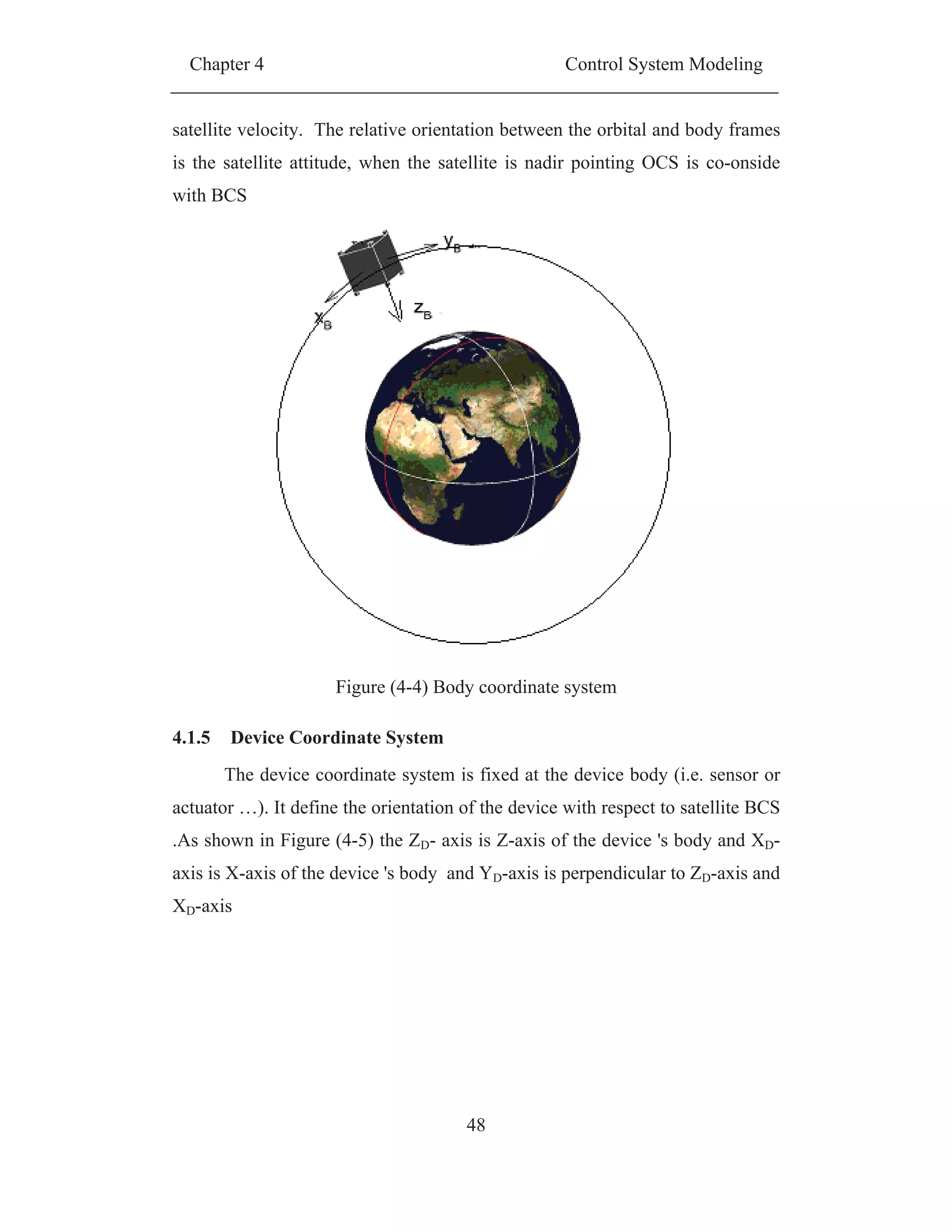 Chapter 4 Control System Modeling
48
satellite velocity. The relative orientation between the orbital and body frames
is the satellite attitude, when the satellite is nadir pointing OCS is co-onside
with BCS
Figure (4-4) Body coordinate system
4.1.5 Device Coordinate System
The device coordinate system is fixed at the device body (i.e. sensor or
actuator …). It define the orientation of the device with respect to satellite BCS
.As shown in Figure (4-5) the ZD- axis is Z-axis of the device 's body and XD-
axis is X-axis of the device 's body and YD-axis is perpendicular to ZD-axis and
XD-axis
 