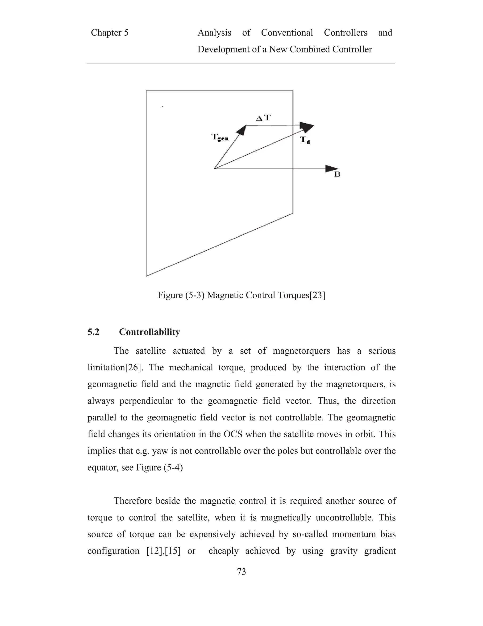 Chapter 5 Analysis of Conventional Controllers and
Development of a New Combined Controller
73
Figure (5-3) Magnetic Control Torques[23]
5.2 Controllability
The satellite actuated by a set of magnetorquers has a serious
limitation[26]. The mechanical torque, produced by the interaction of the
geomagnetic field and the magnetic field generated by the magnetorquers, is
always perpendicular to the geomagnetic field vector. Thus, the direction
parallel to the geomagnetic field vector is not controllable. The geomagnetic
field changes its orientation in the OCS when the satellite moves in orbit. This
implies that e.g. yaw is not controllable over the poles but controllable over the
equator, see Figure (5-4)
Therefore beside the magnetic control it is required another source of
torque to control the satellite, when it is magnetically uncontrollable. This
source of torque can be expensively achieved by so-called momentum bias
configuration [12],[15] or cheaply achieved by using gravity gradient
 