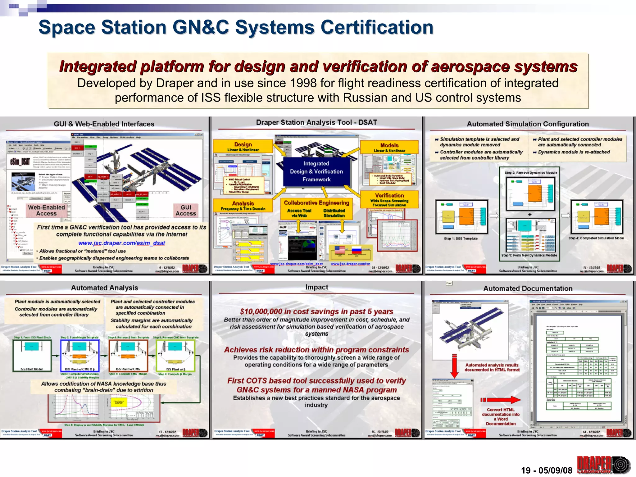 Space Station GN&C Systems Certification
  Integrated platform for design and verification of aerospace systems
    Developed by Draper and in use since 1998 for flight readiness certification of integrated
          performance of ISS flexible structure with Russian and US control systems




                                                                                      19 - 05/09/08
 