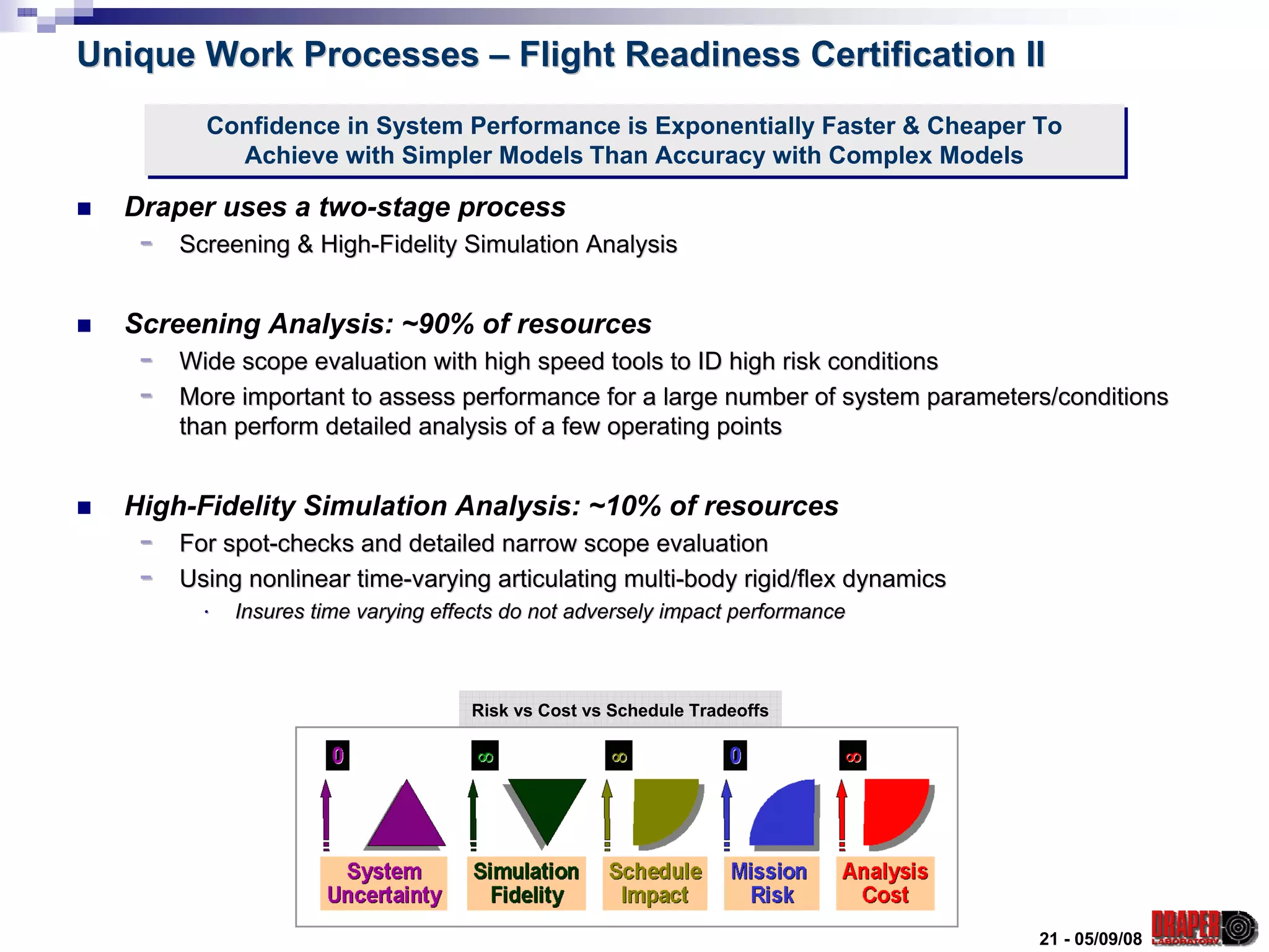 Unique Work Processes – Flight Readiness Certification II
         Confidence in System Performance is Exponentially Faster & Cheaper To
         Confidence in System Performance is Exponentially Faster & Cheaper To
           Achieve with Simpler Models Than Accuracy with Complex Models
            Achieve with Simpler Models Than Accuracy with Complex Models
  Draper uses a two-stage process
   -   Screening & High-Fidelity Simulation Analysis


  Screening Analysis: ~90% of resources
   -   Wide scope evaluation with high speed tools to ID high risk conditions
   -   More important to assess performance for a large number of system parameters/conditions
       than perform detailed analysis of a few operating points


  High-Fidelity Simulation Analysis: ~10% of resources
   -   For spot-checks and detailed narrow scope evaluation
   -   Using nonlinear time-varying articulating multi-body rigid/flex dynamics
         ⋅   Insures time varying effects do not adversely impact performance



                                     Risk vs Cost vs Schedule Tradeoffs




                                                                                  21 - 05/09/08
 