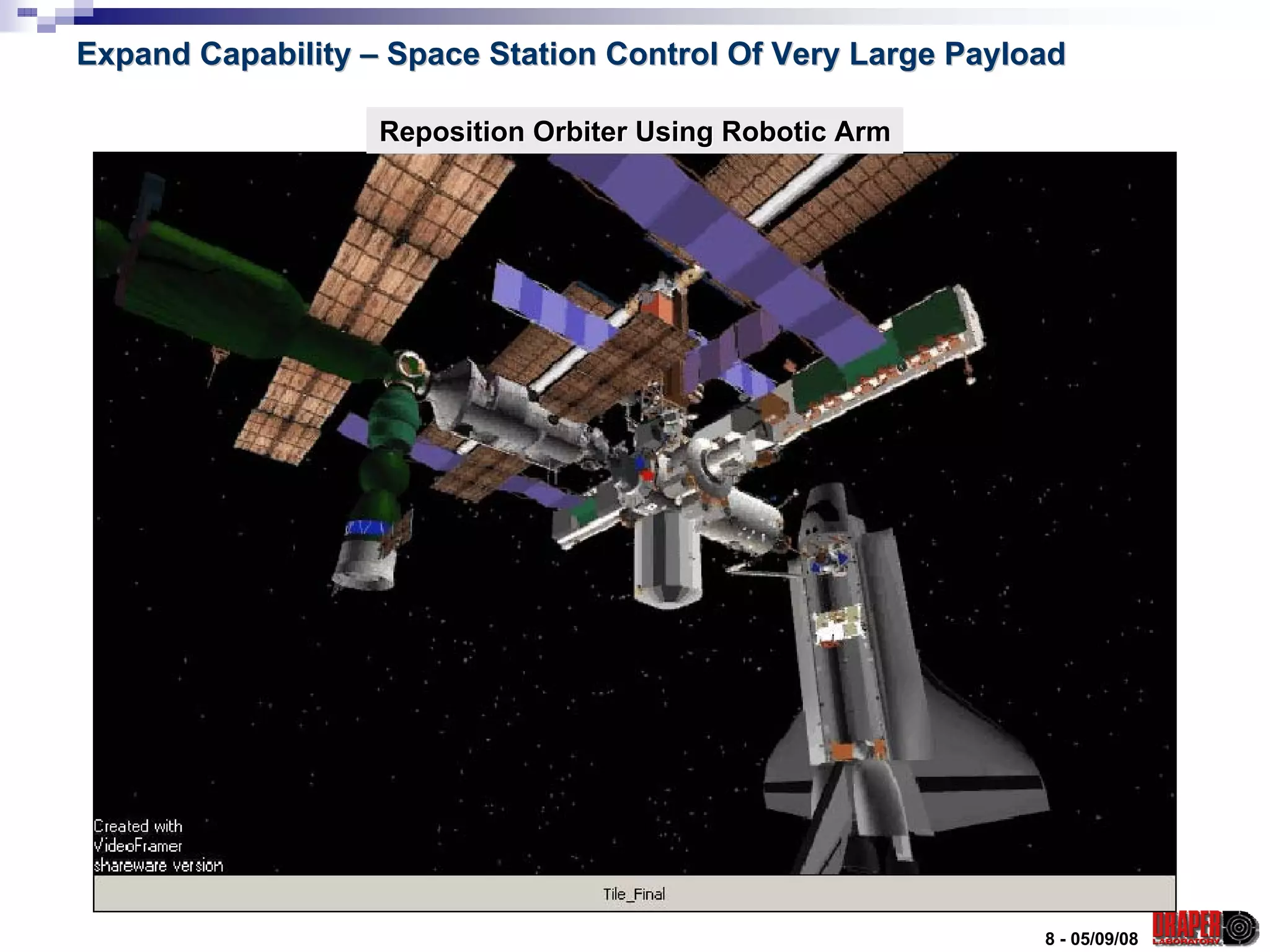 Expand Capability – Space Station Control Of Very Large Payload

                   Reposition Orbiter Using Robotic Arm




                                                             8 - 05/09/08
 