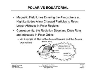 Sampler
2009
Slide #18
Applied Technology
Institute (ATI)
www.aticourses.com
Copyright Dr. Alan Tribble.
Do Not Reproduce Without Permission.
www.atribble.com
• Magnetic Field Lines Entering the Atmosphere at
High Latitudes Allow Charged Particles to Reach
Lower Altitudes in Polar Regions
• Consequently, the Radiation Dose and Dose Rate
are Increased in Polar Orbits
– An Example of This is the Aurora Borealis and the Aurora
Australialis
POLAR VS EQUATORIAL
 
